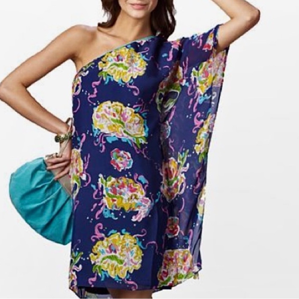 RARE HTF Lilly Pulitzer Blake Chiffon One Shoulder Dress Blaring Siren